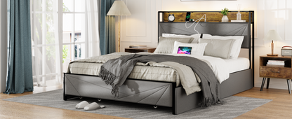 Queen Size Bed Frame with 4 Storage Drawers and 2 USB Ports, Upholstered Platform Bed Frame with Storage Headboard Charging Station and metal Slat Support, No Box Spring Needed, Dark Grey.