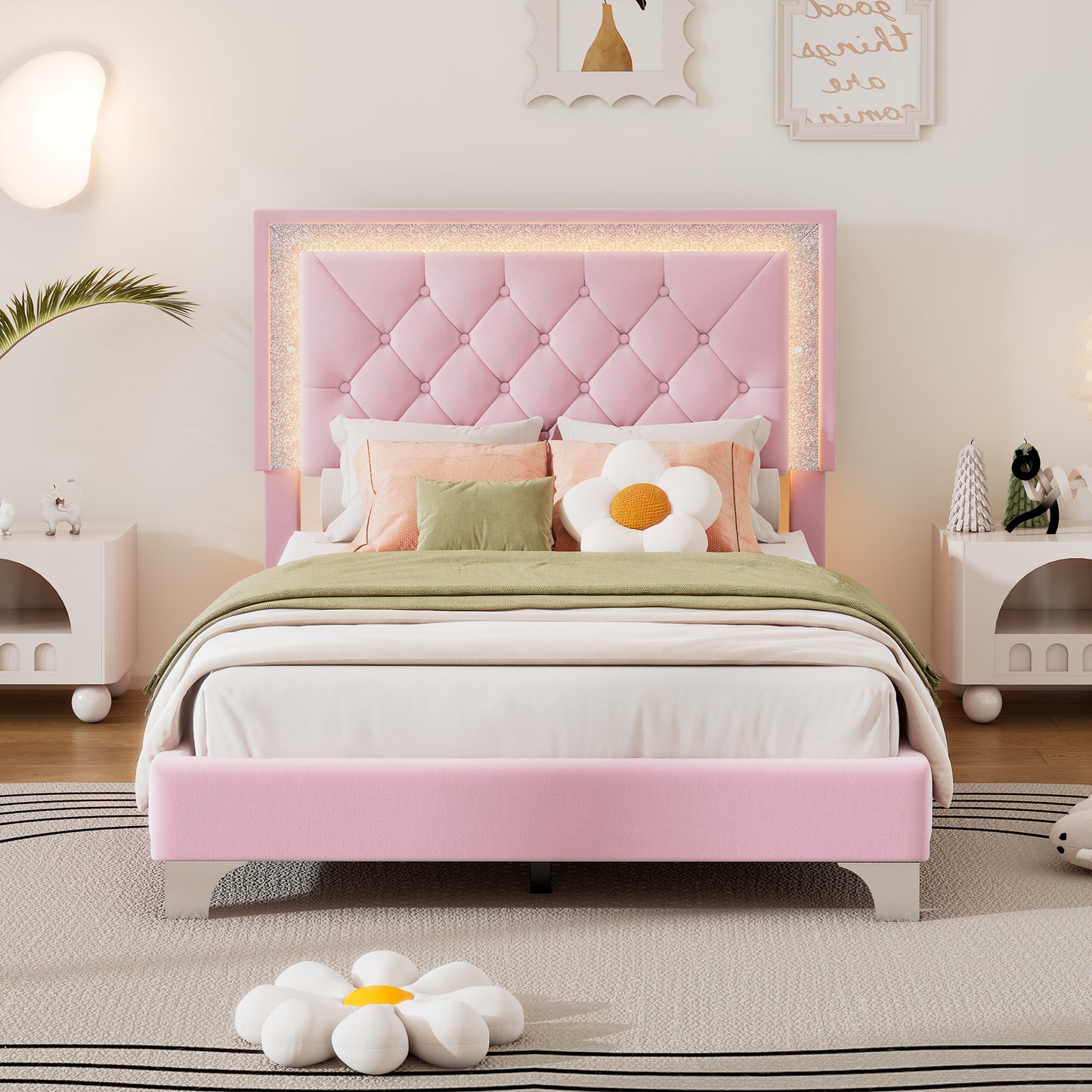 Twin Size Upholstered Bed Frame with LED Lights,Modern Velvet Platform Bed with Tufted Headboard,Pink