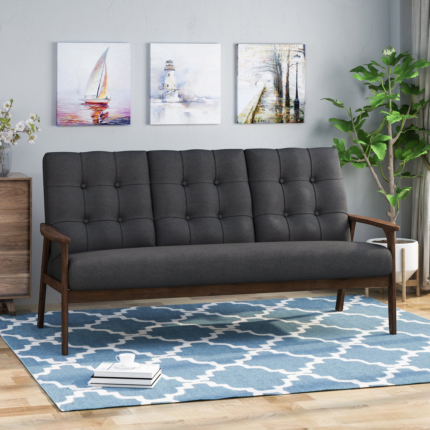 Athena Mid Century Waffle Stitch Tufted Accent Sofa with Rubberwood Legs