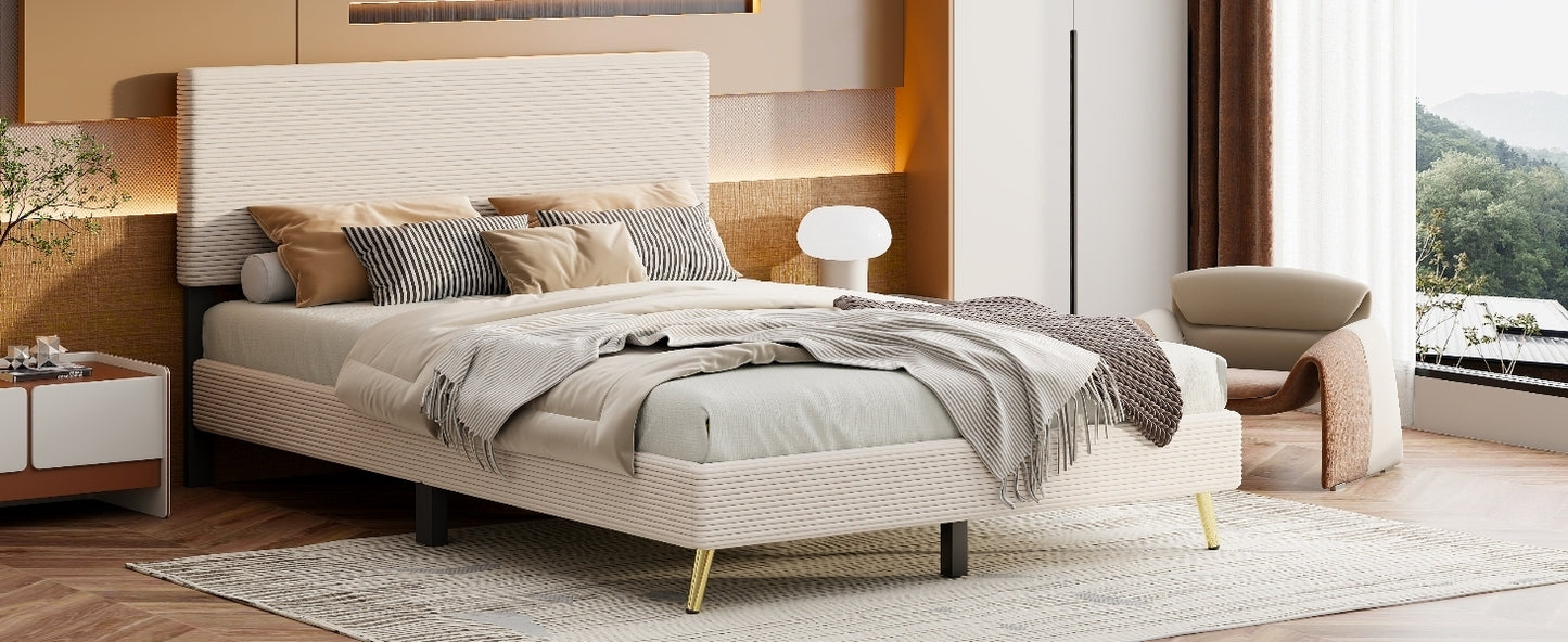 Queen Size Corduroy Upholstered Bed Frame, Platform Bed with Horizontal Stripe Headboard, No Box Spring Needed, Beige