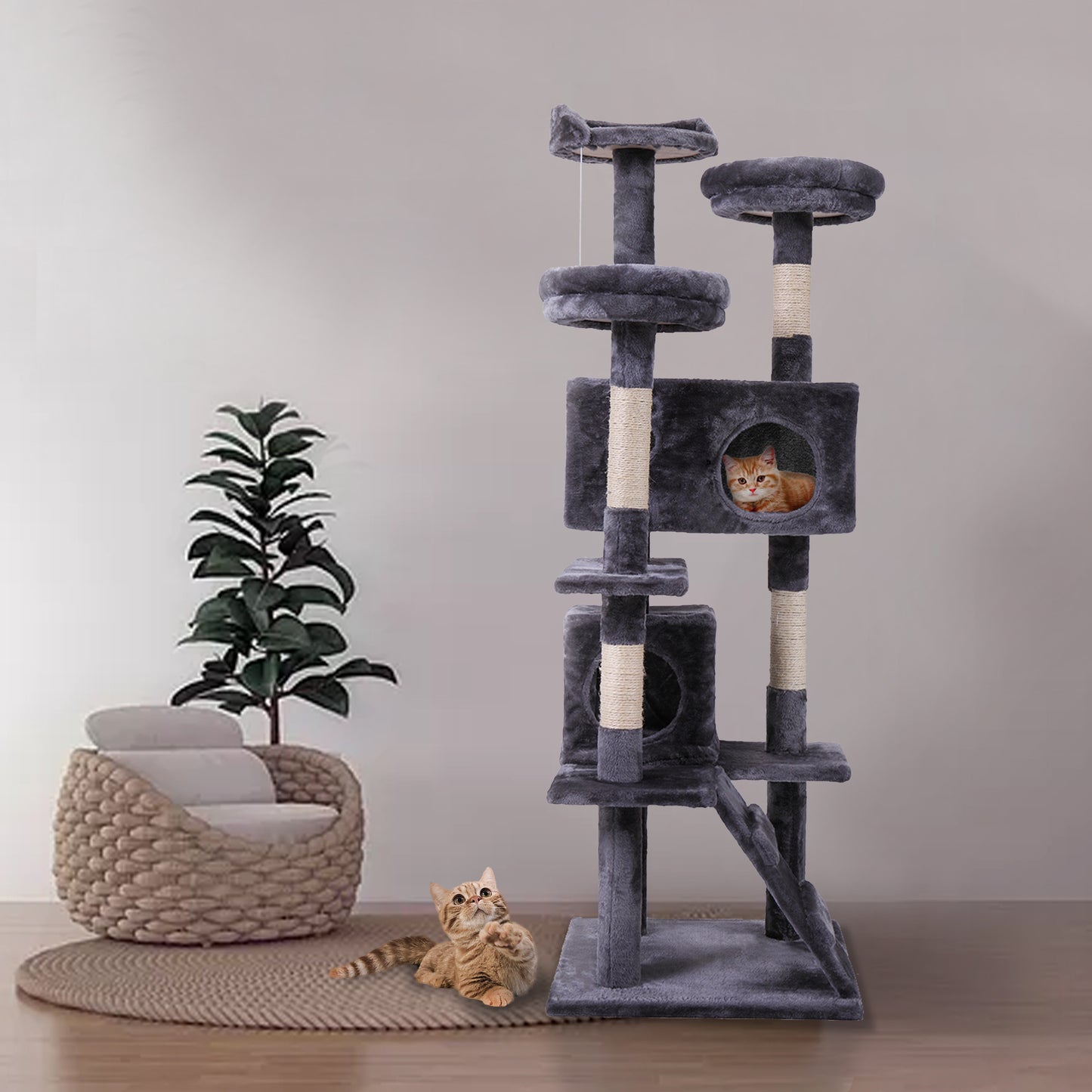 Cat Tree Cat Tower with Scratching Ball, Plush Cushion, Ladder and Condos for Indoor Cats, Gray