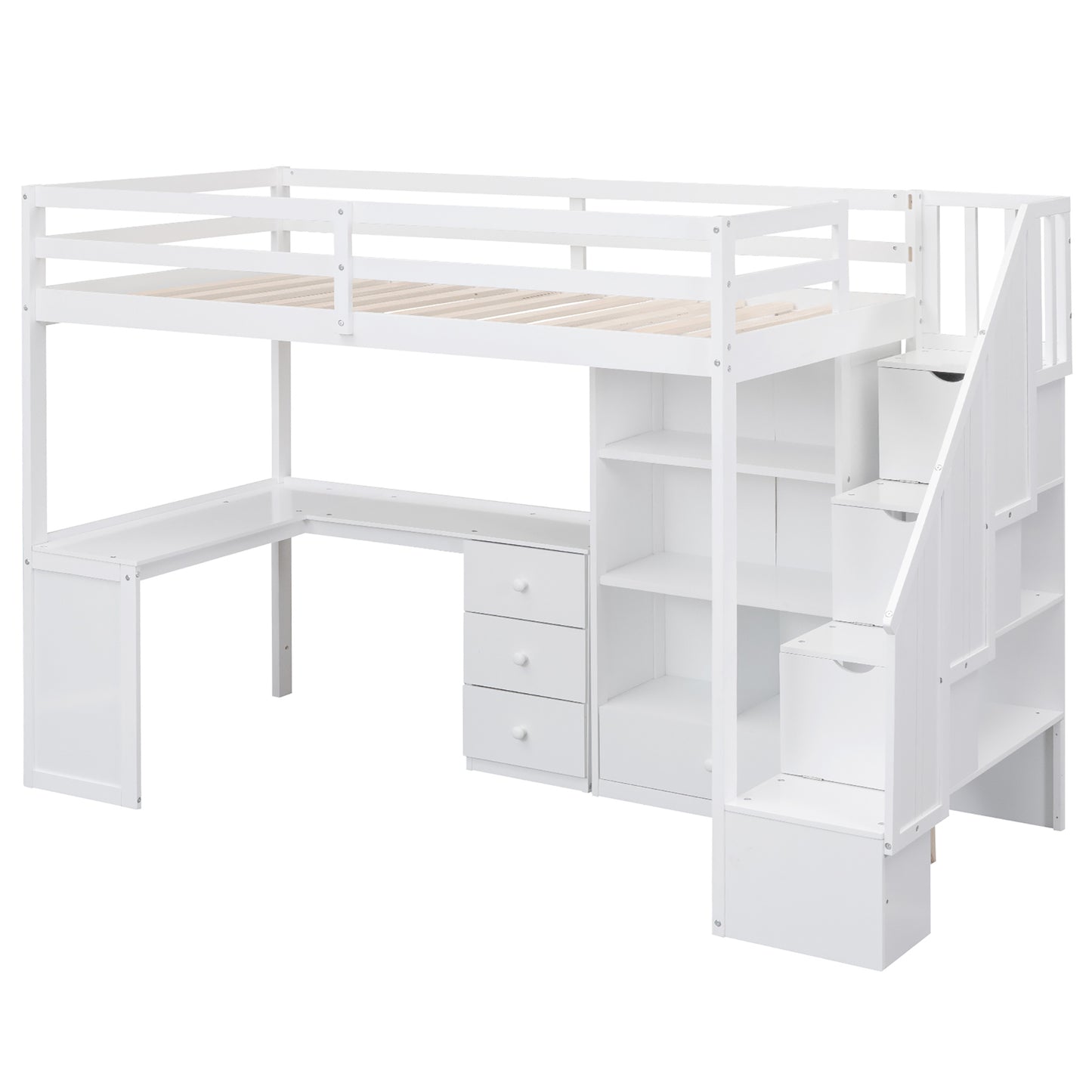 White Twin Size Loft Bed with L-Shaped Desk, Drawers, Cabinet, and Storage Staircase - Pine Wood & MDF