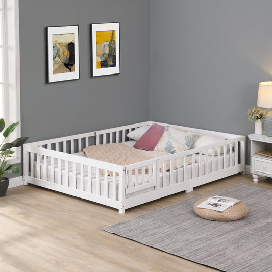 Queen Size Floor Bed with Door,Solid Wood Platform Bed Frame with Fence,Suitable for children,Pine Wood,White