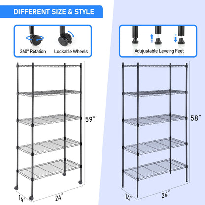 Heavy Duty 5-Tier Shelving Units Adjustable, Wire Shelf with 800 lbs Capacity (160 per Shelf), 24" D x 14" W x 59 "H, Black, 5 Levels, Storage Shelf with Wheels & Leveling Feet