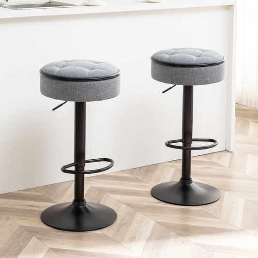 Round Storage Bar Stool Set of 2, Grey Linen Height Adjustable Barstool, 360°Counter Height Swivel Stool, Armless Bar Chair with Metal Frame for Kitchen Counter Dining Living Room