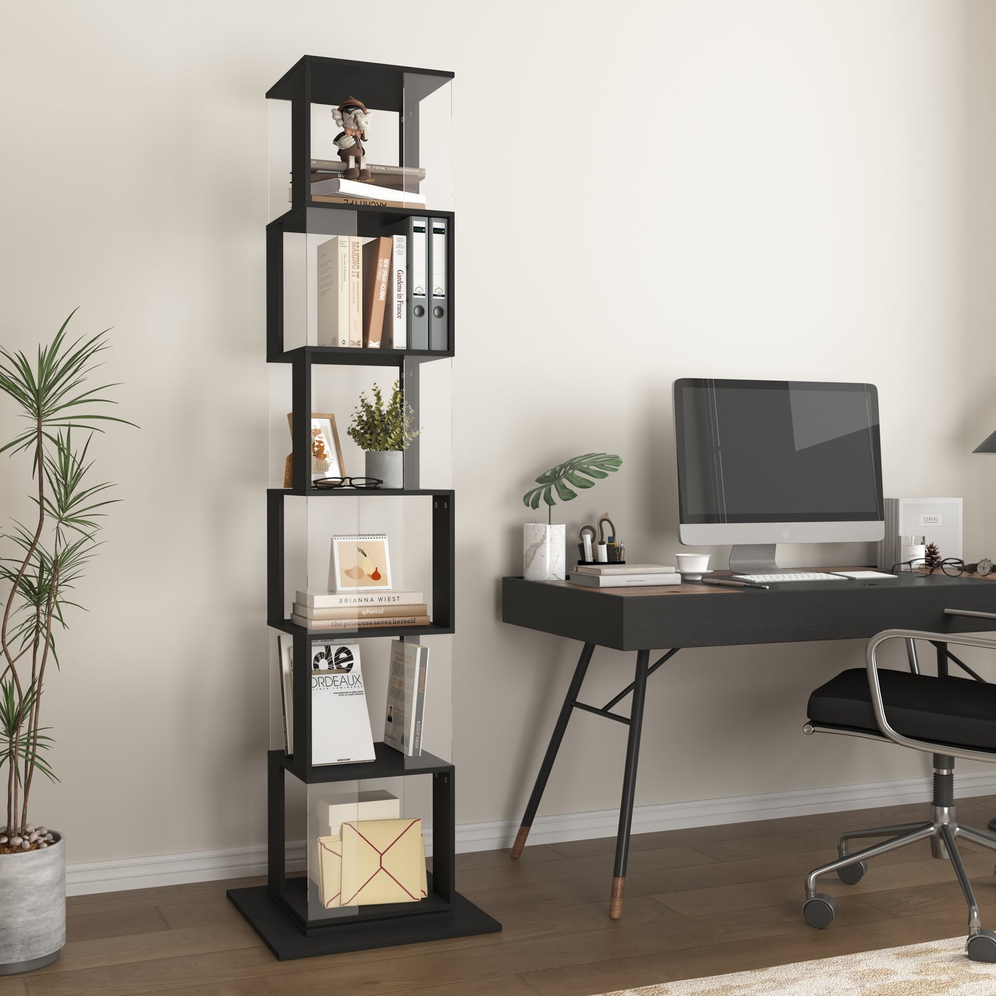 6 tier Rotating Bookshelf, Floor Rack Simple Bookcase  with Acrylic plate Student Multi-Function Creative Bookshelf for Living Room with anti-toppling base