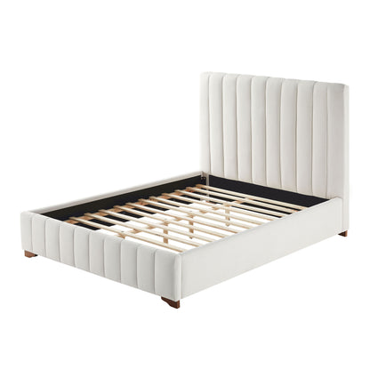 Queen Size Modern Design Bed Frame Upholstered Queen Bed Frame Platform with Headboard Fabric Headboard Wooden Slats Support, No Box Spring Needed,Mattress Foundation,White