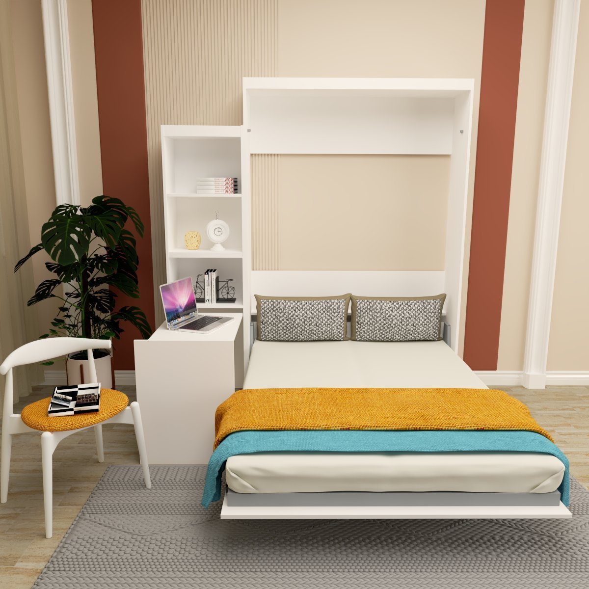 Queen  Size Morden Deisgn Big Size Vertical Murphy Bed with table and shelf  for Bedroom or Guestroom White Wall Bed Space Saving Hidden Bed with New Style Gas Struts