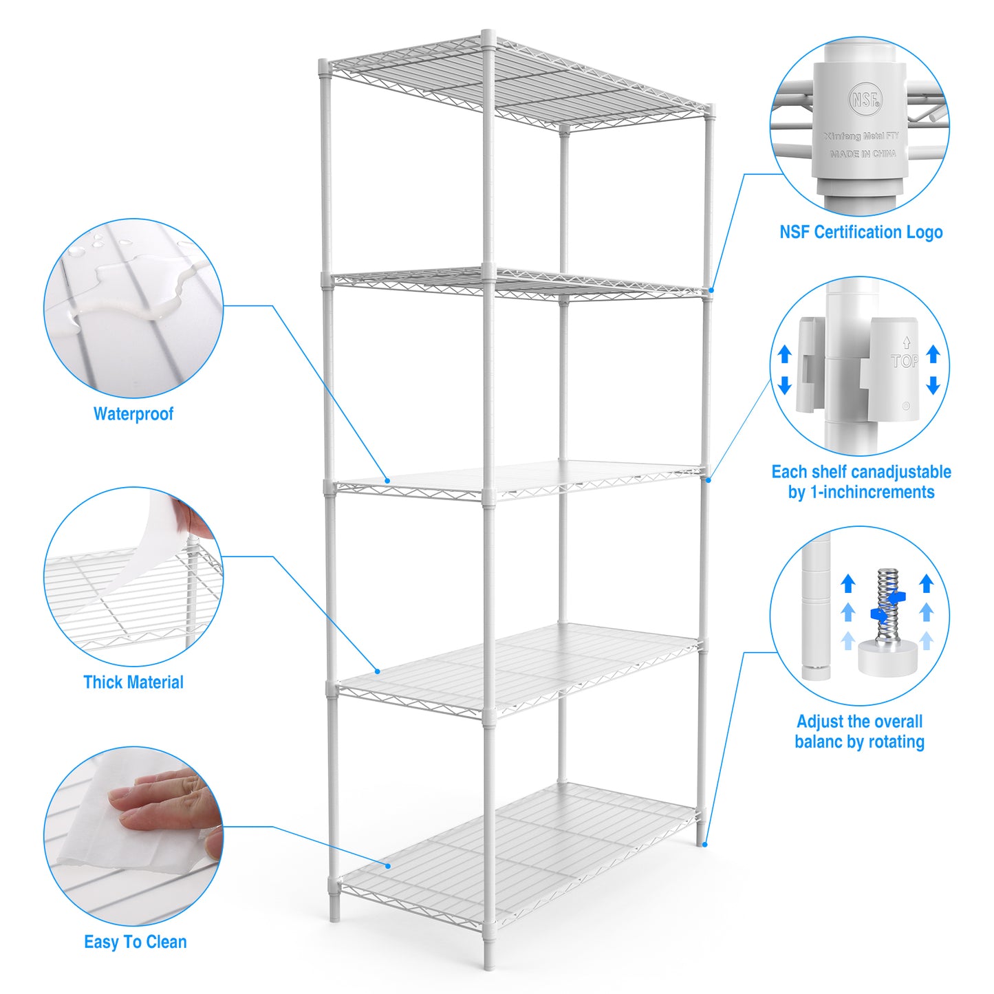 5 Tier Shelf Wire Shelving Unit - 5T-1636-W-LKJ, 72H