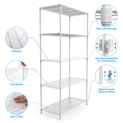 5 Tier Shelf Wire Shelving Unit - 5T-1636-W-LKJ, 72H