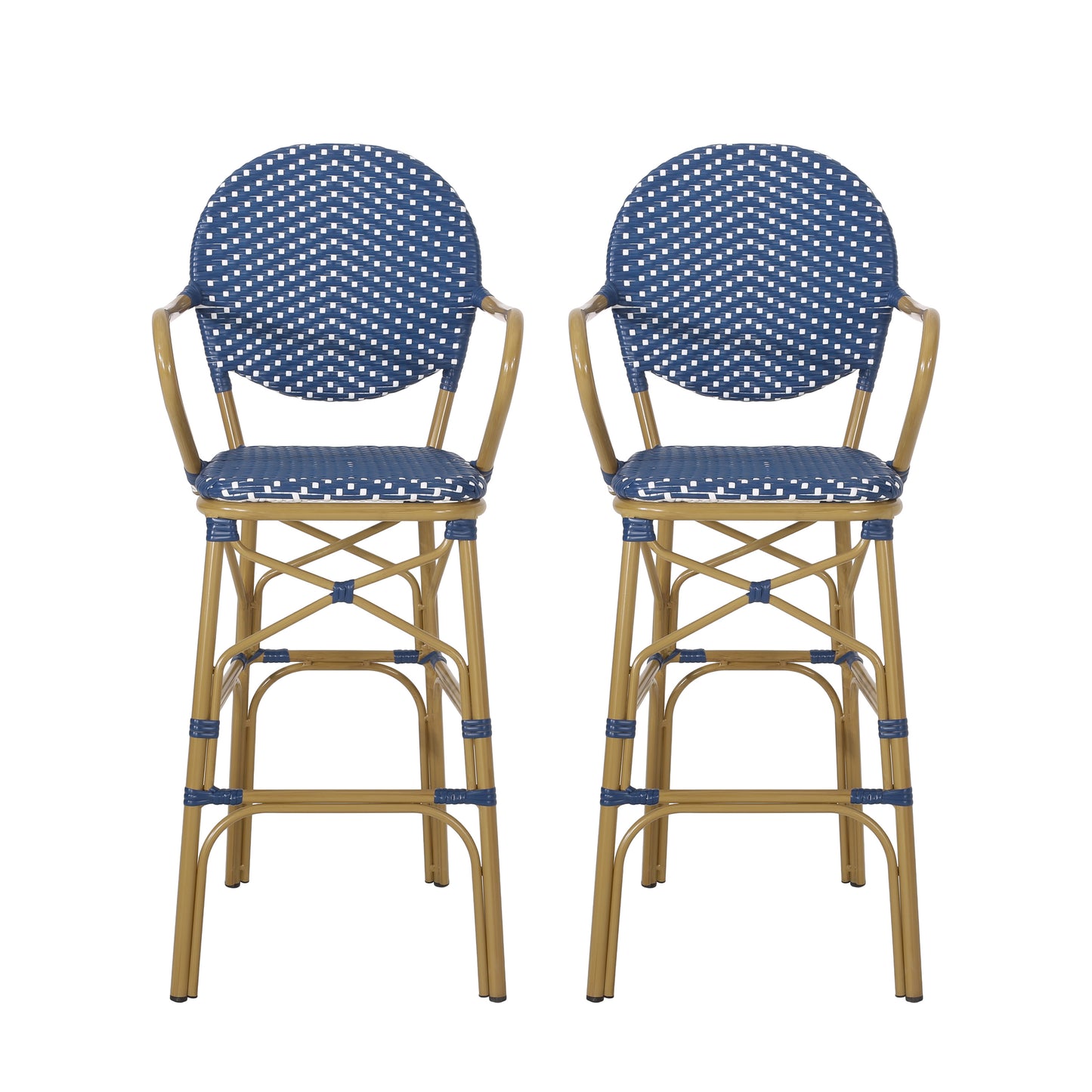 Navy Blue Outdoor Wicker and Aluminum French Barstools Set with Bamboo Print Finish, 29.5 Inch