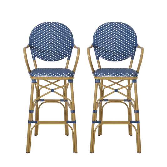 Navy Blue Outdoor Wicker and Aluminum French Barstools Set with Bamboo Print Finish, 29.5 Inch