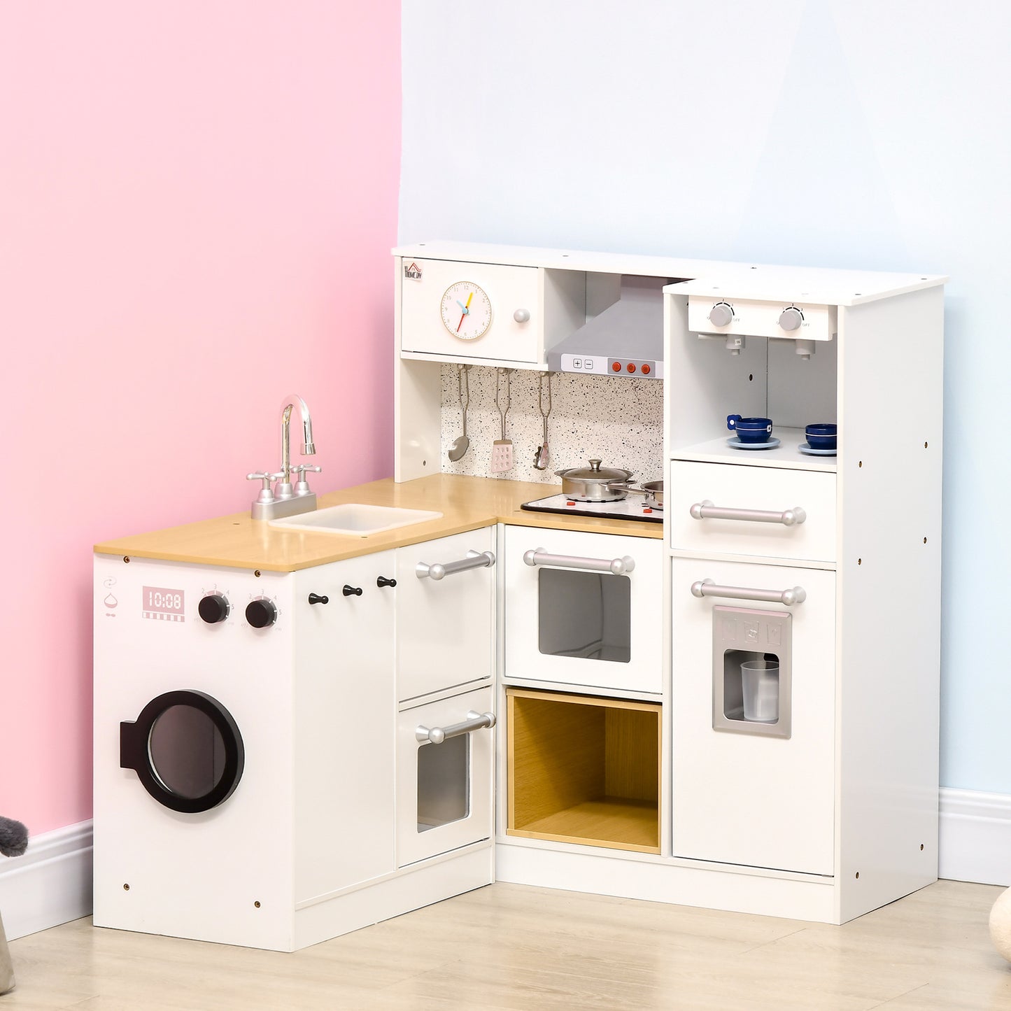 Qaba Kids Wooden Kitchen Playset with Sound Effects and Tons of Countertop Space, Wooden Corner Play Kitchen Set with Washing Machine, Imaginative Toy Pretend Restaurant, Ages 3-6, White