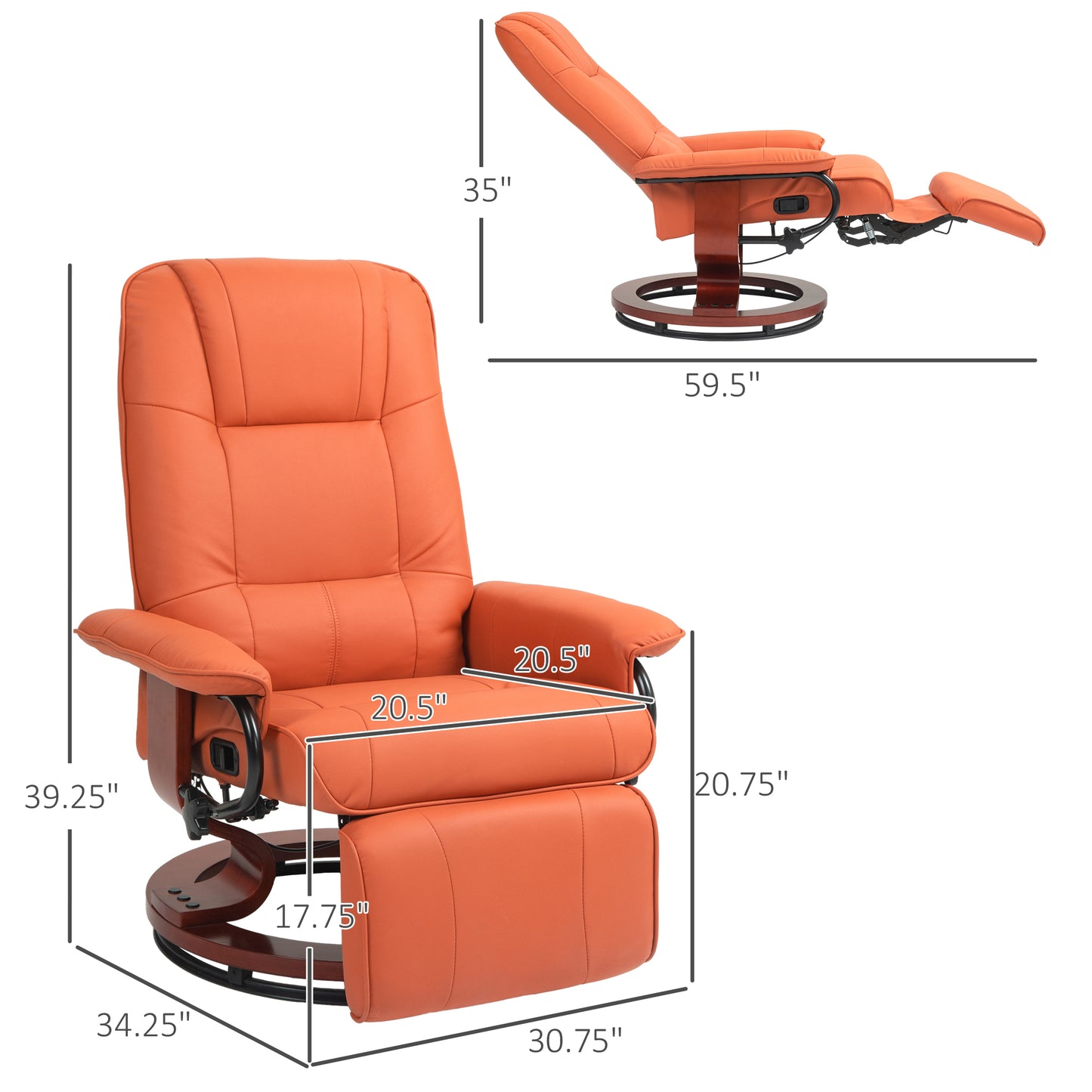 HOMCOM Faux Leather Manual Recliner, Adjustable Swivel Lounge Chair with Footrest, Armrest and Wrapped Wood Base for Living Room, Orange