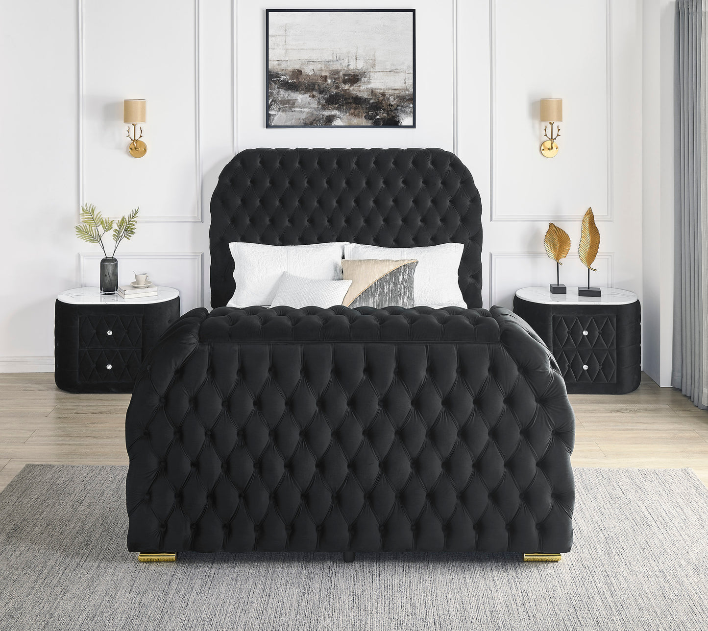 1pc Oval Faux Marble Top Nightstand 2- Drawers Storage Black Finish Button Tufted Faux Crystal Tufted