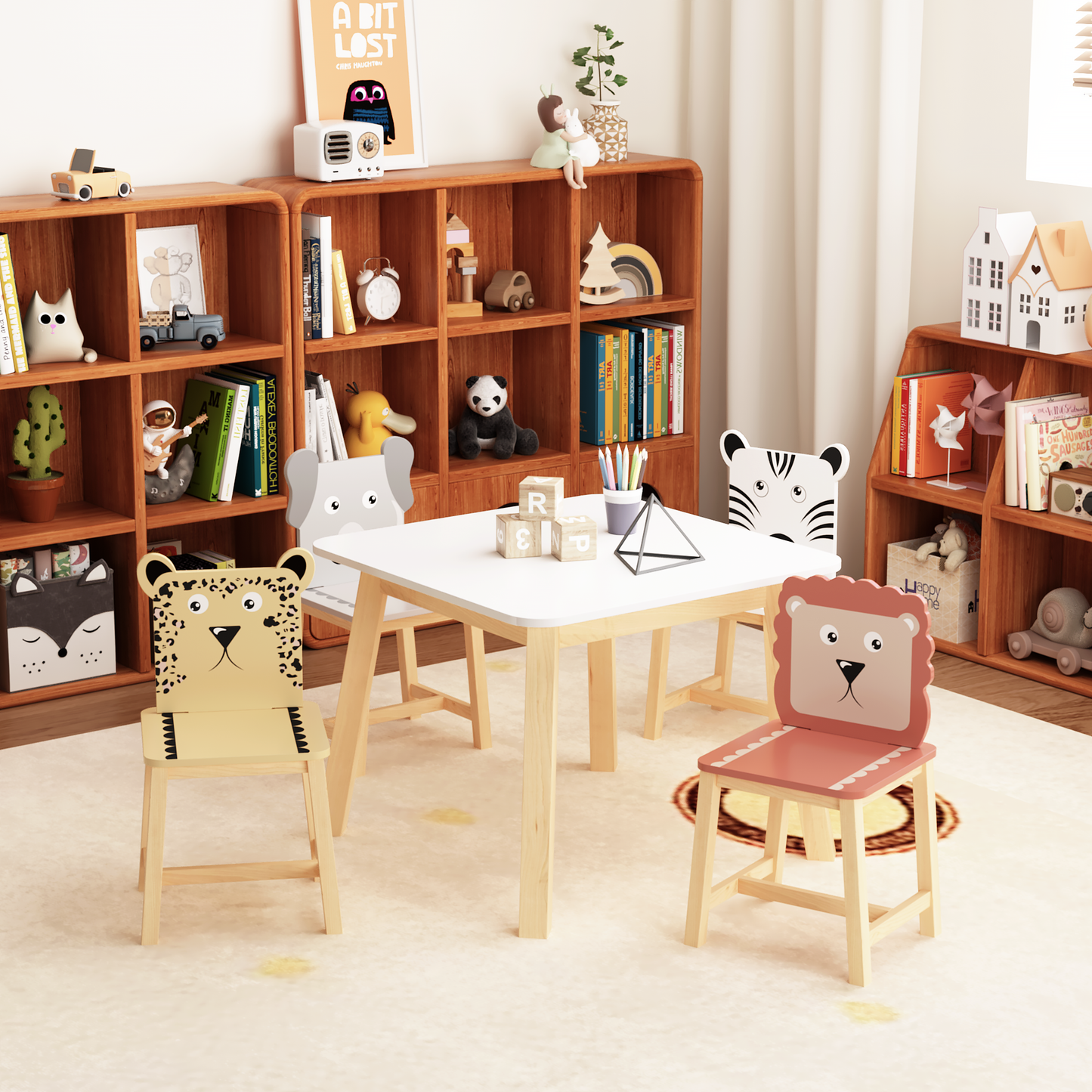 5 Piece Kiddy Table and Chair Set , Kids Wood Table with 4 Chairs Set Cartoon Animals (bigger table) (3-8 years old)