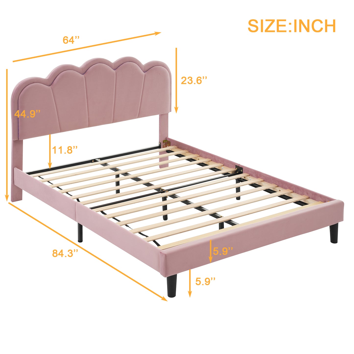 Queen Upholstered Smart LED Bed Frame with Elegant Flowers Headboard,Floating Velvet Platform LED Bed with Wooden Slats Support,Pink