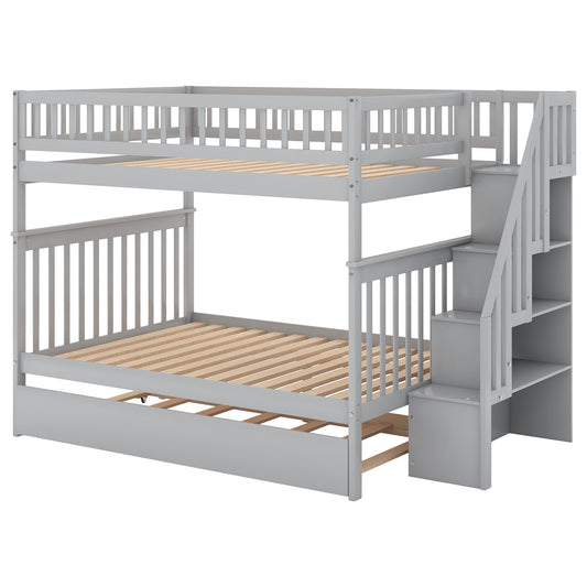 Gray Full Over Full Bunk Bed with Trundle and Staircase, Solid Pine Wood and MDF, 92.9''L x 57.9''W x 65.7''H
