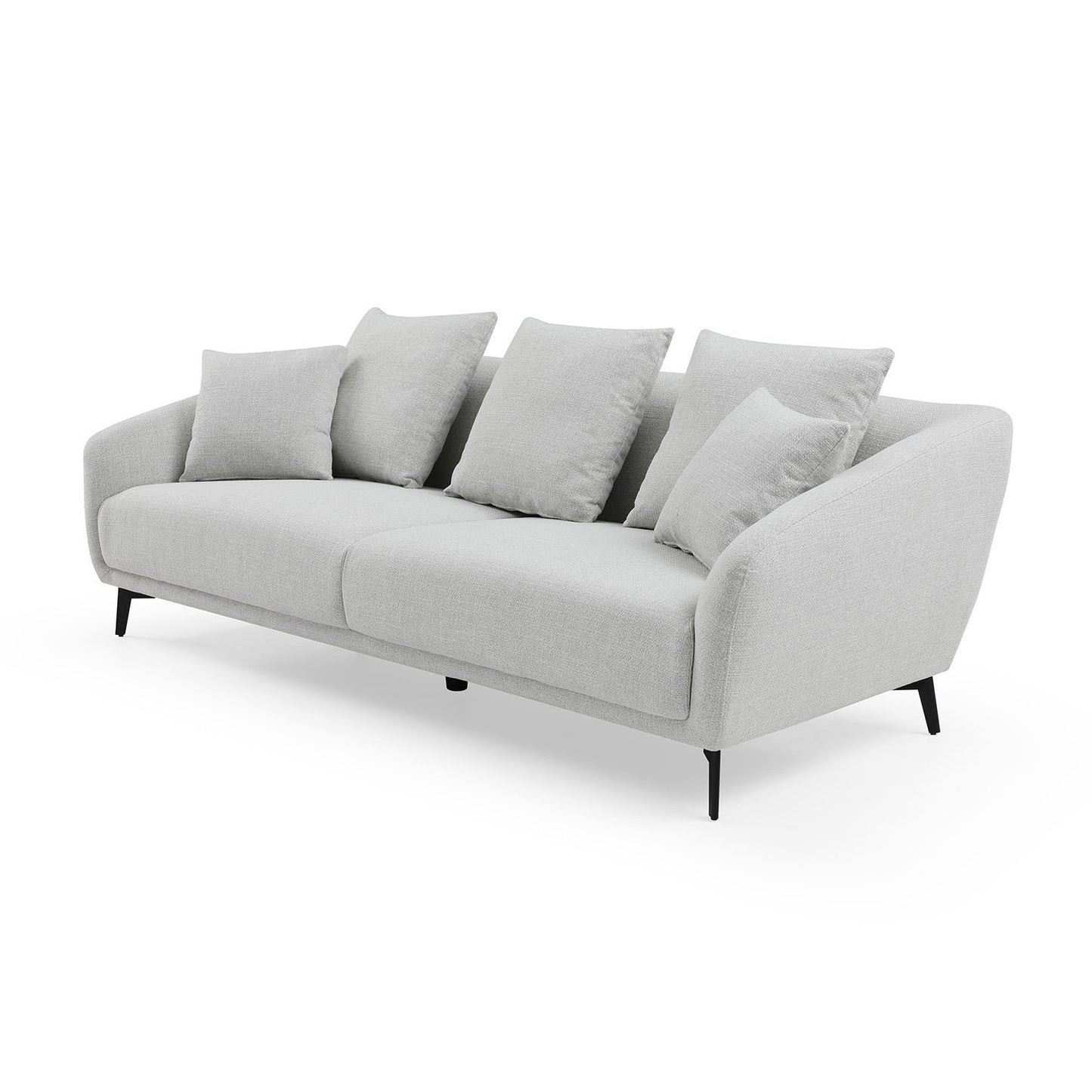 Modern Fabric Upholstered Sofa with Three Cushions, 2 Pillows, Light Grey