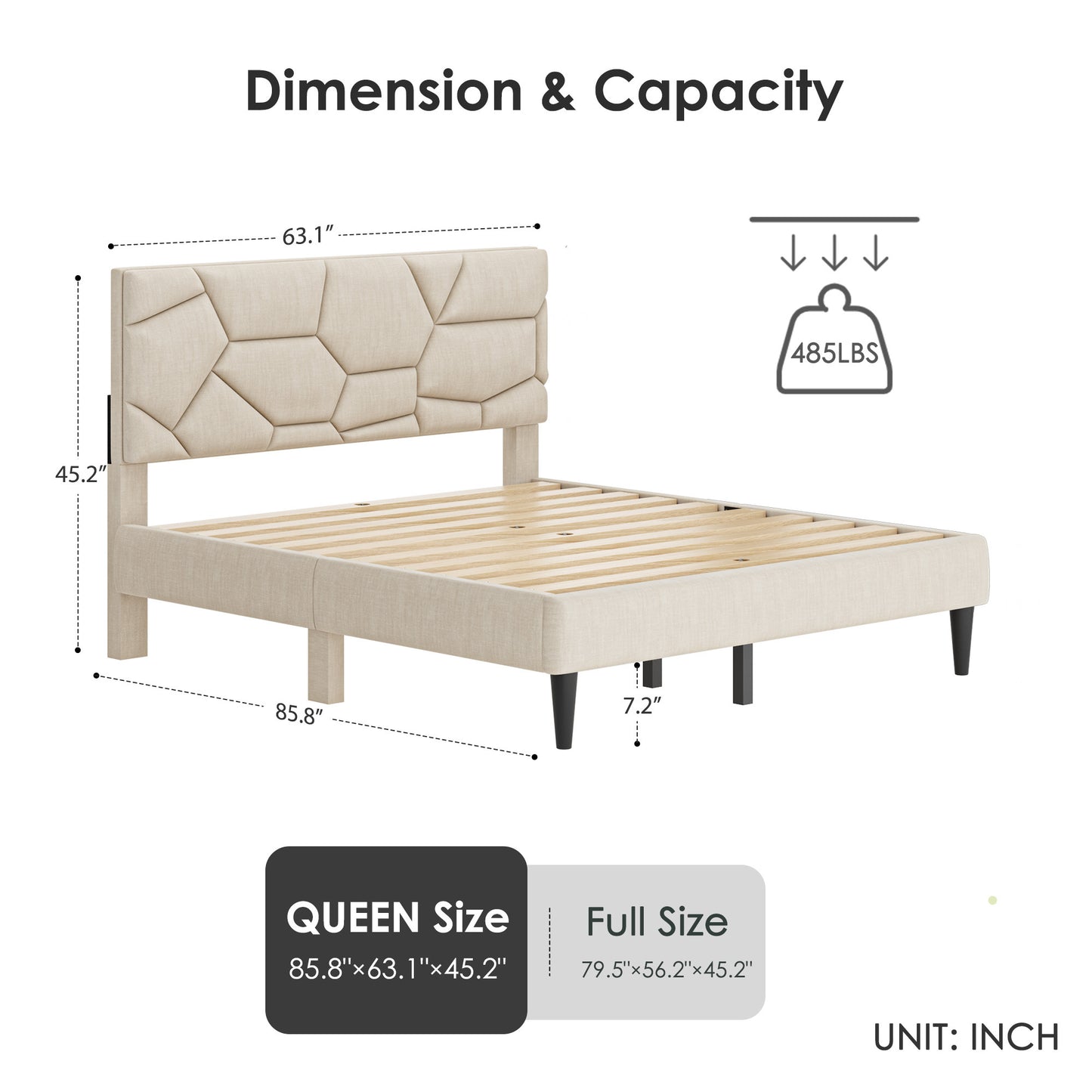 Queen Size Bed Frame with Storage Headboard, Metal Platform Bed No Noise, Mattress Foundation Strong Metal Slats Support No Box Spring Needed