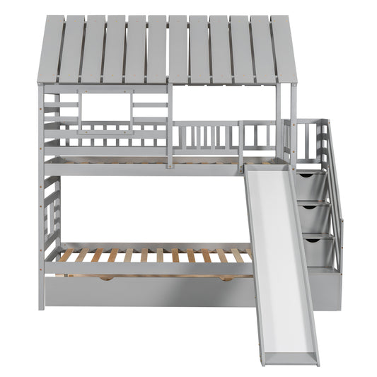 Twin over Twin House Bunk Bed with Trundle and Slide, Storage Staircase, Roof and Window Design, Gray Pine Wood Frame