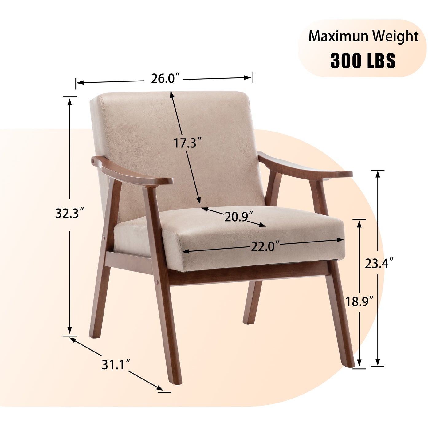 Mid-Century Modern Chair, Living Room Chair with Solid Wood Frame, Accent Chair Extra-Thick Backrest, Wingback Chair for Bedroom, Reading Room, Living Room, Lounge Chair Indoor