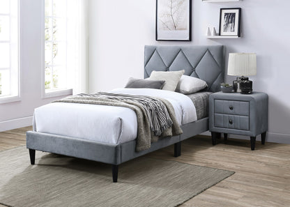 Twin Size Bed w Adjustable Headboard 1pc Bedframe, Grey Velvet Upholstered Youth Bedroom Furniture