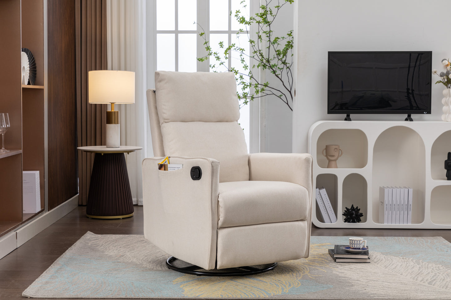 038-Cotton Linen Fabric Swivel Rocking Chair Glider Rocker Recliner Nursery Chair With Adjustable Back And Footrest For Living Room Indoor,Beige