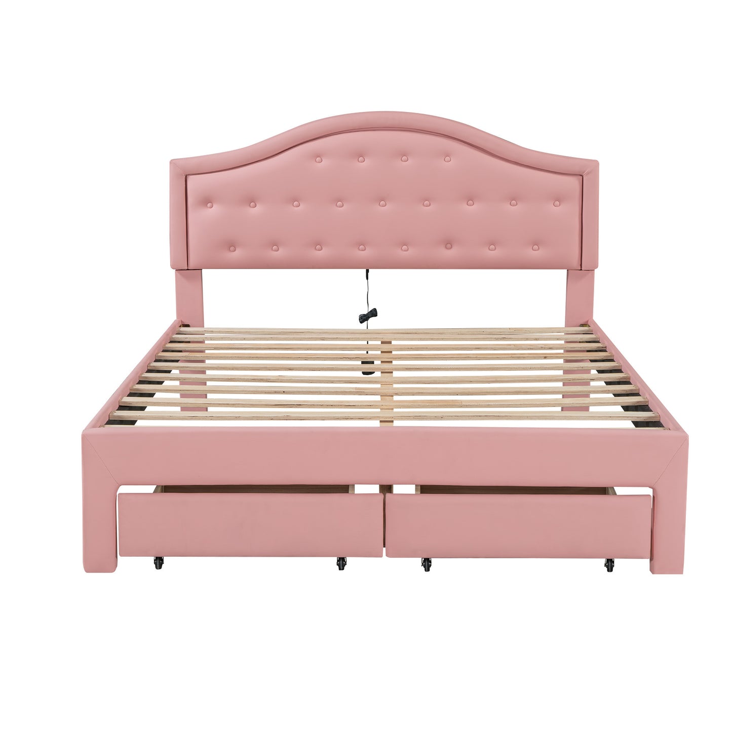 Queen Size Upholstered Platform Bed with Tufted Headboard, LED and 2 Drawers, Pink