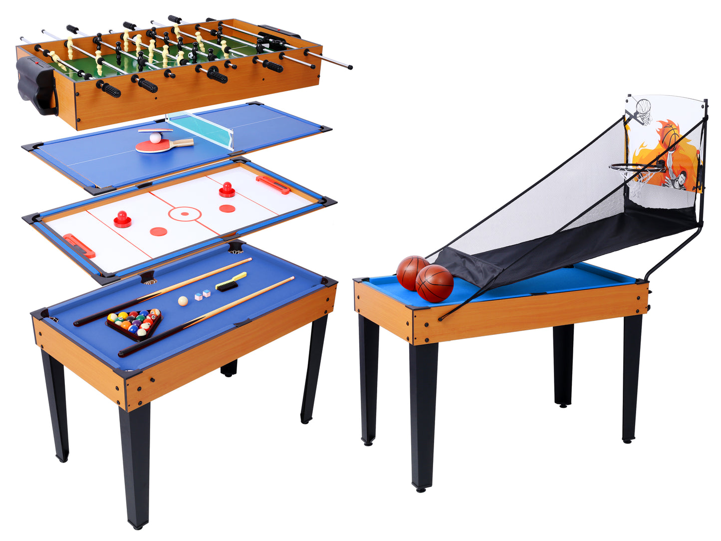 5-in-1 Multi-Game Table - Billiards, Push Hockey, Foosball, Ping Pong, and Basketball  brown /blue