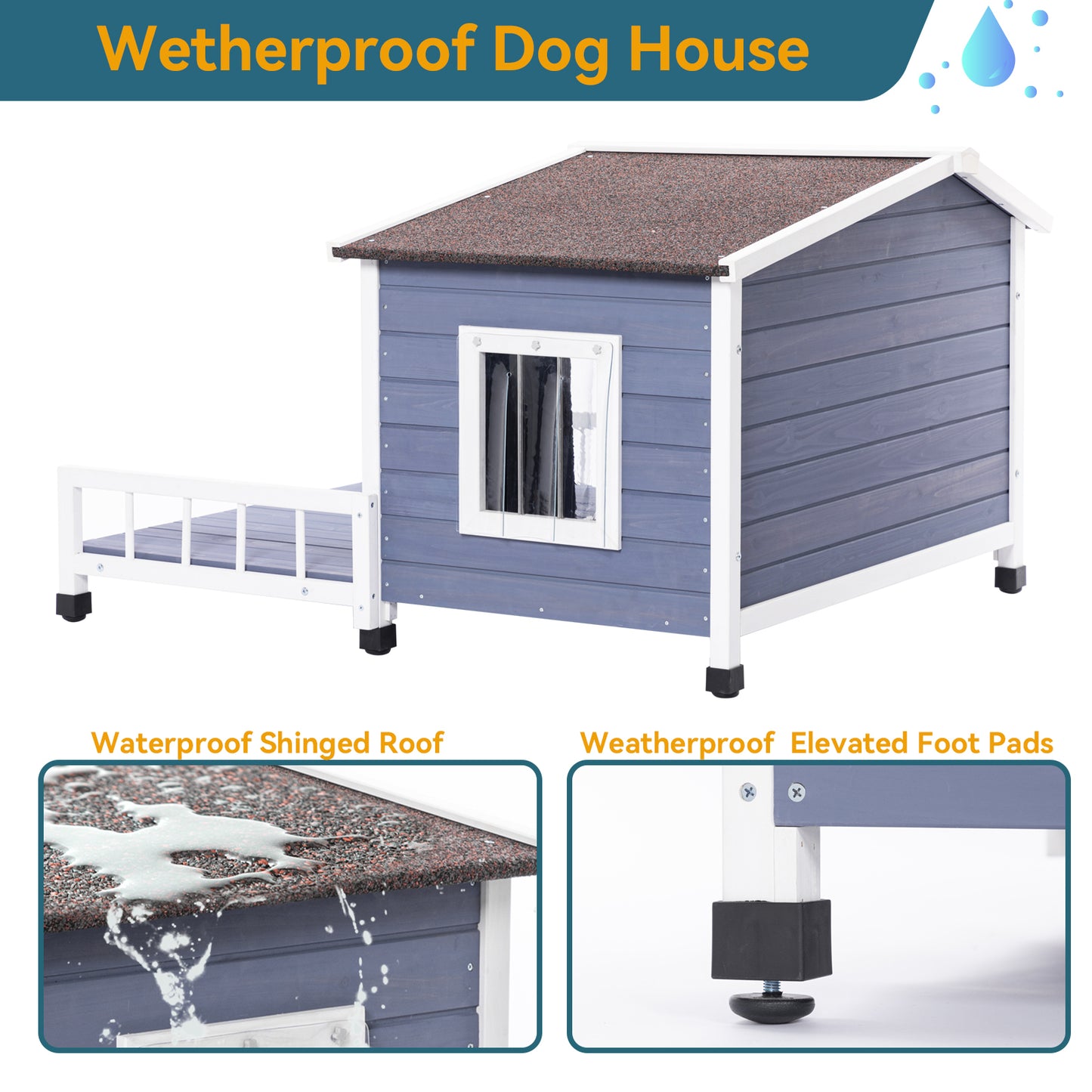 Large Wooden Dog House Indoor Outdoor with Terrace and Open Waterproof Asphalt Roof, Outdoor Dog House with Raised Floor, Windows and Door Curtains, Suitable for Small  and Medium Dogs