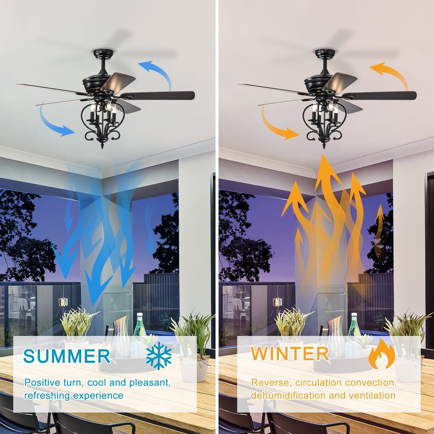 52 inch 4 Lights Ceiling Fan with 5 Wood Blades, Two-color fan blade, AC Motor, Remote Control, Reversible Airflow, 3-Speed, Adjustable Height, Traditional Ceiling Fan for home decorate (Matte Black)