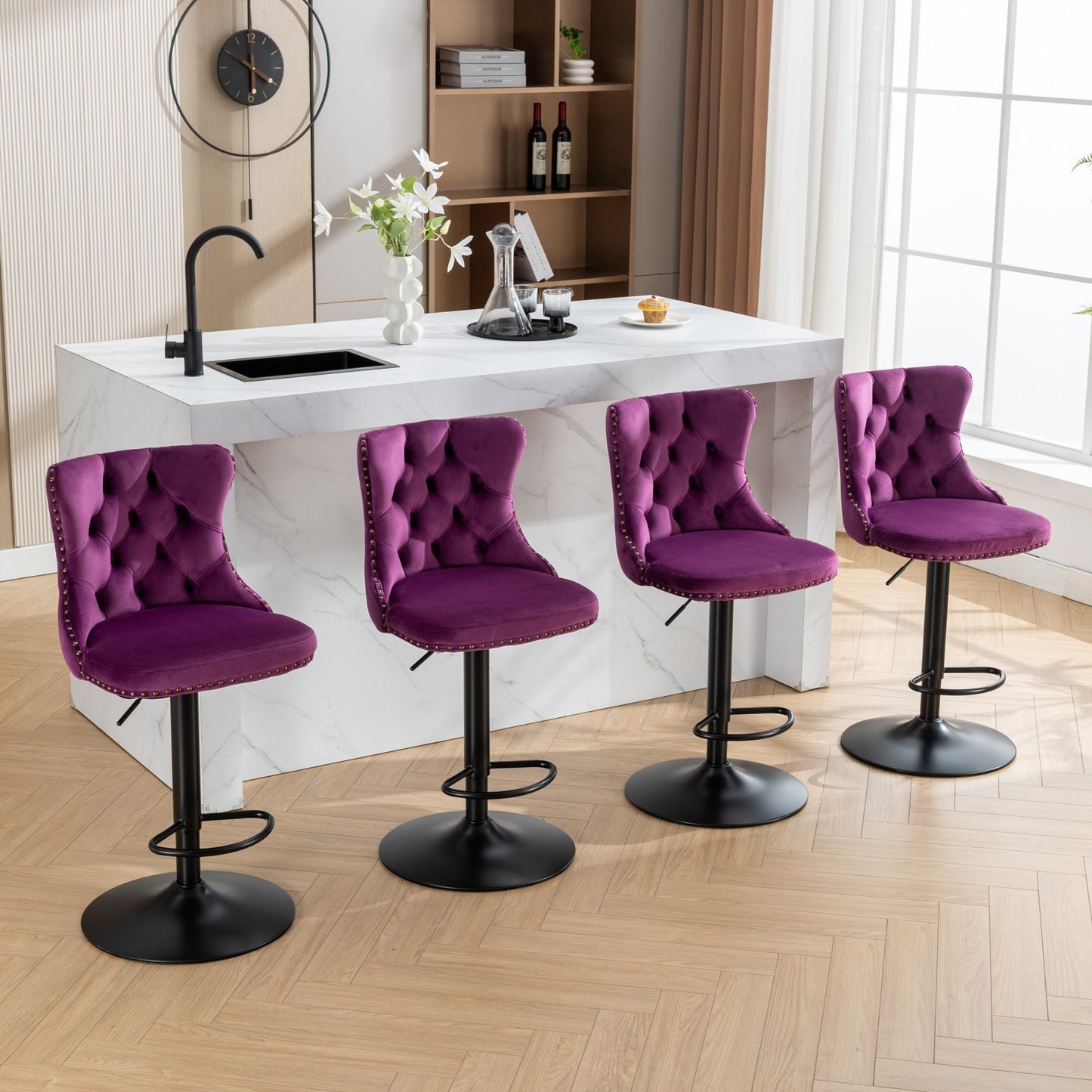 Swivel Velvet Barstools Adjusatble Seat Height from 25-33 Inch,17.7inch base, Modern Upholstered Bar Stools with Backs Comfortable Tufted for Home Pub and Kitchen Island,Purple,Set of 2,SW1812PP