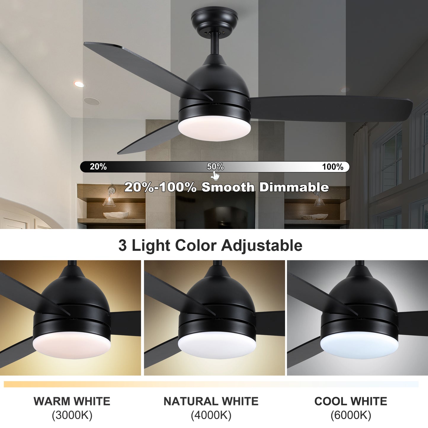 Smart 48 in. integrated LED Balck Ceiling Fan with Remote Contorl and Plywood Blades