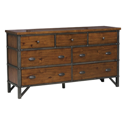 Industrial Design Bedroom Furniture 1pc Dresser of 7 Drawers Rustic Brown and Gunmetal Finish Wooden Furniture