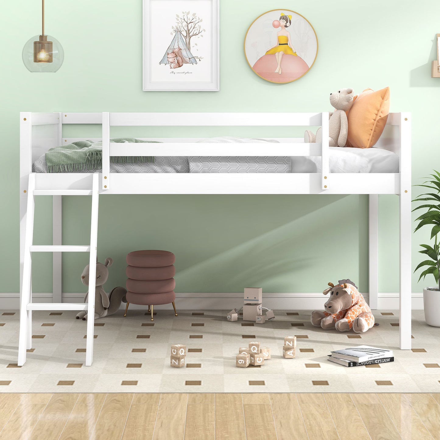 Twin Size Wood Low Loft Bed with Ladder, ladder can be placed on the left or right, White