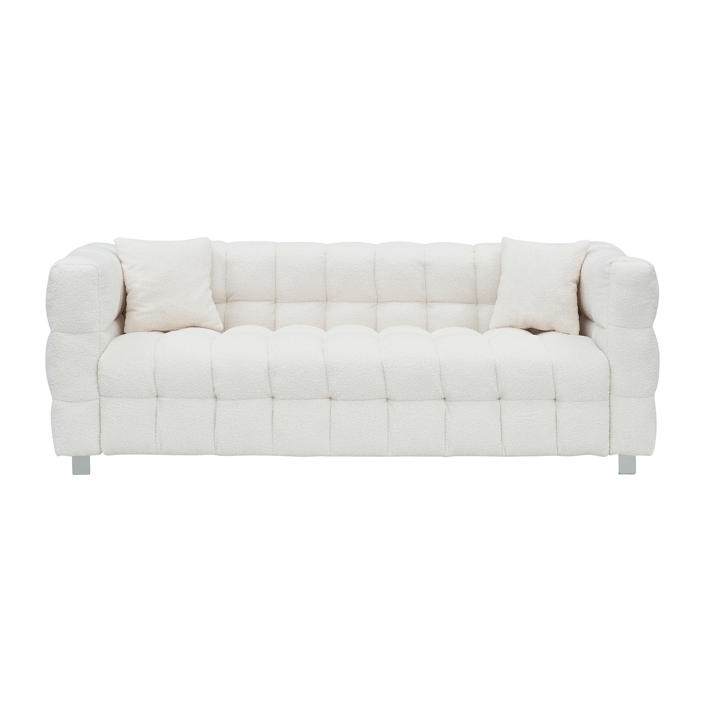 Sophisticated Comfort: Beige White Teddy Plush Sofa - 80 Inch, Perfect for Living Room or Bedroom, Includes Two Throw Pillows and Heavy-Duty Hardware Foot Support