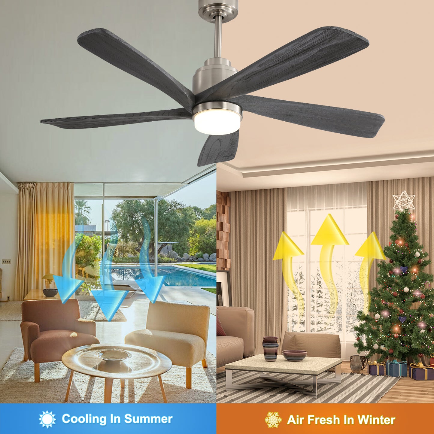 52 Inch Modern Ceiling Fan With Dimmable LED Light 5 Solid Wood Blades Smart Remote Control Reversible DC Motor