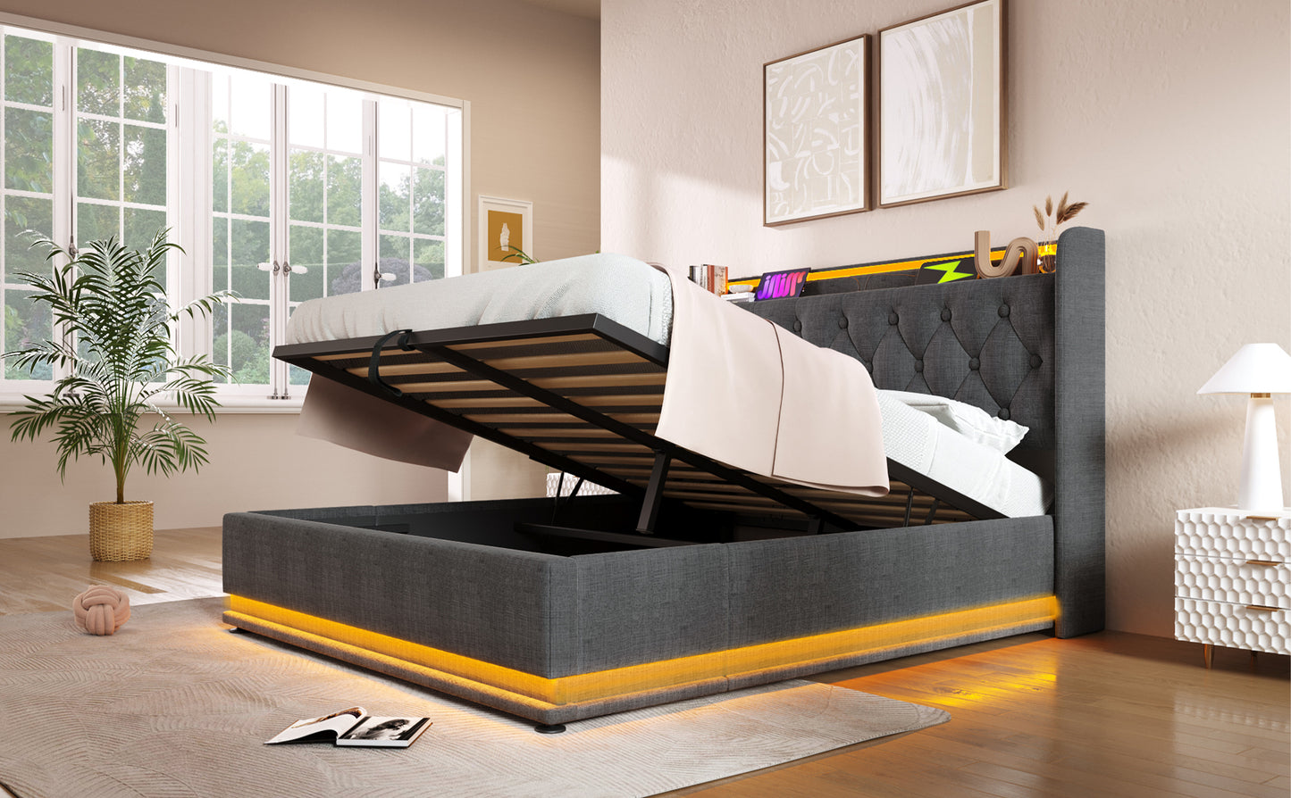 Full size Upholstered bed, 360 surround LED function, Buttons/Apps/Remote Control, hydraulic storage bed with USB Type-C charging, Gray,Linen (Without mattress)
