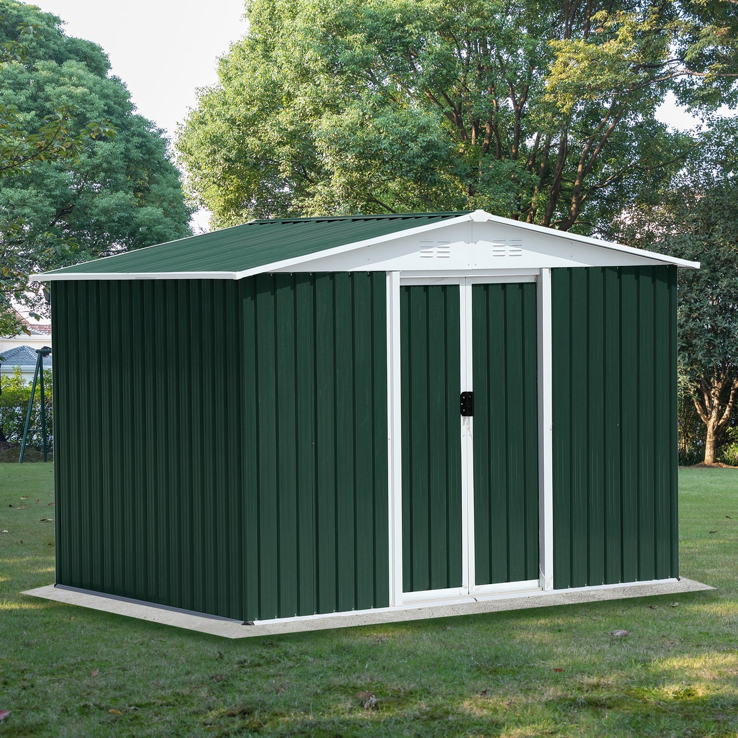 8x6 Feet Outdoor Storage Garden Shed Apex Roof Green With Aluminum alloy frame and sliding door