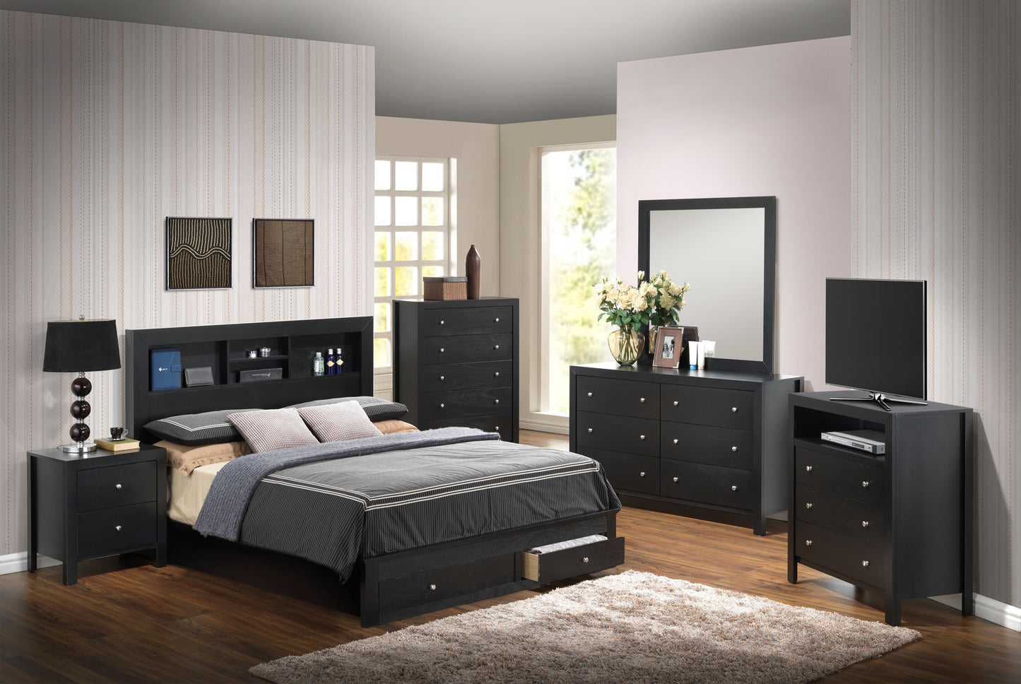 Transitional Black King Storage Bed