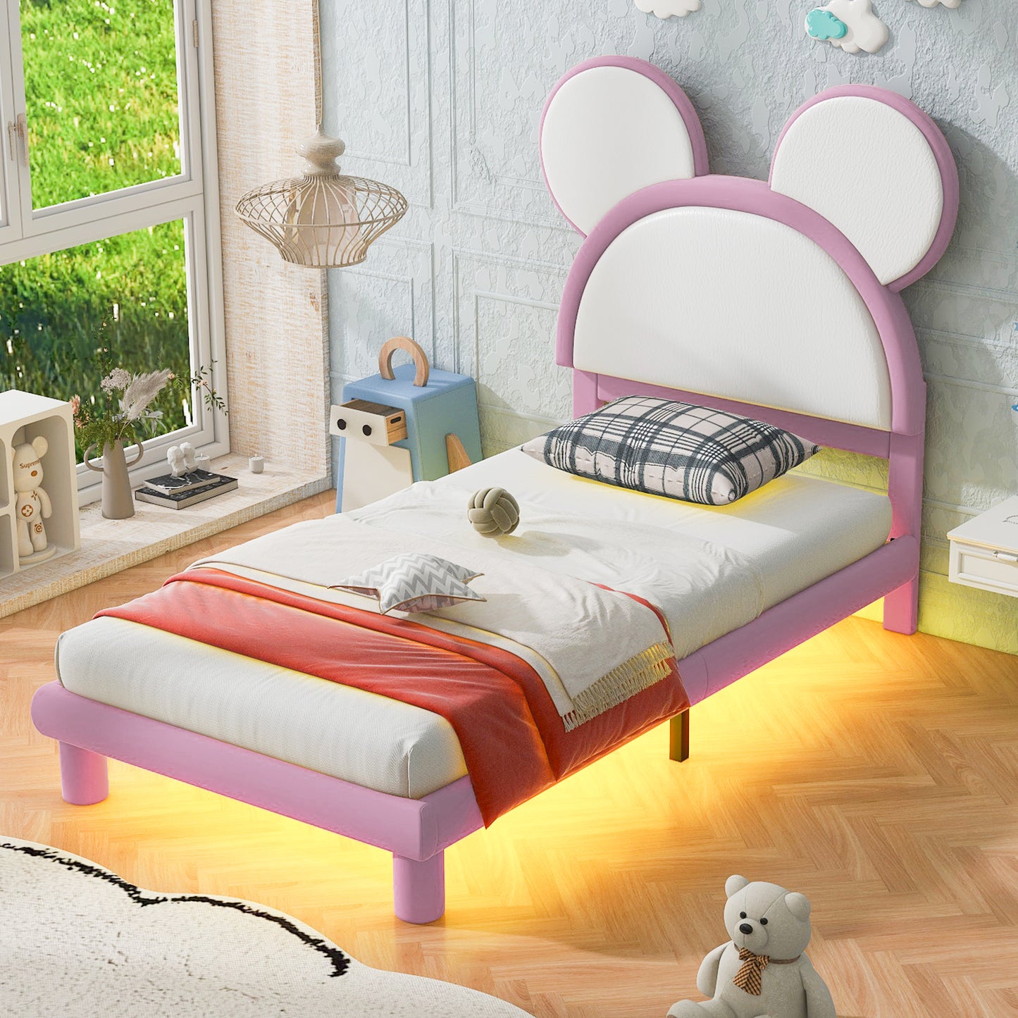 Twin Size Upholstered Platform Bed with Cartoon Ears Shaped Headboard and LED, White&Pink