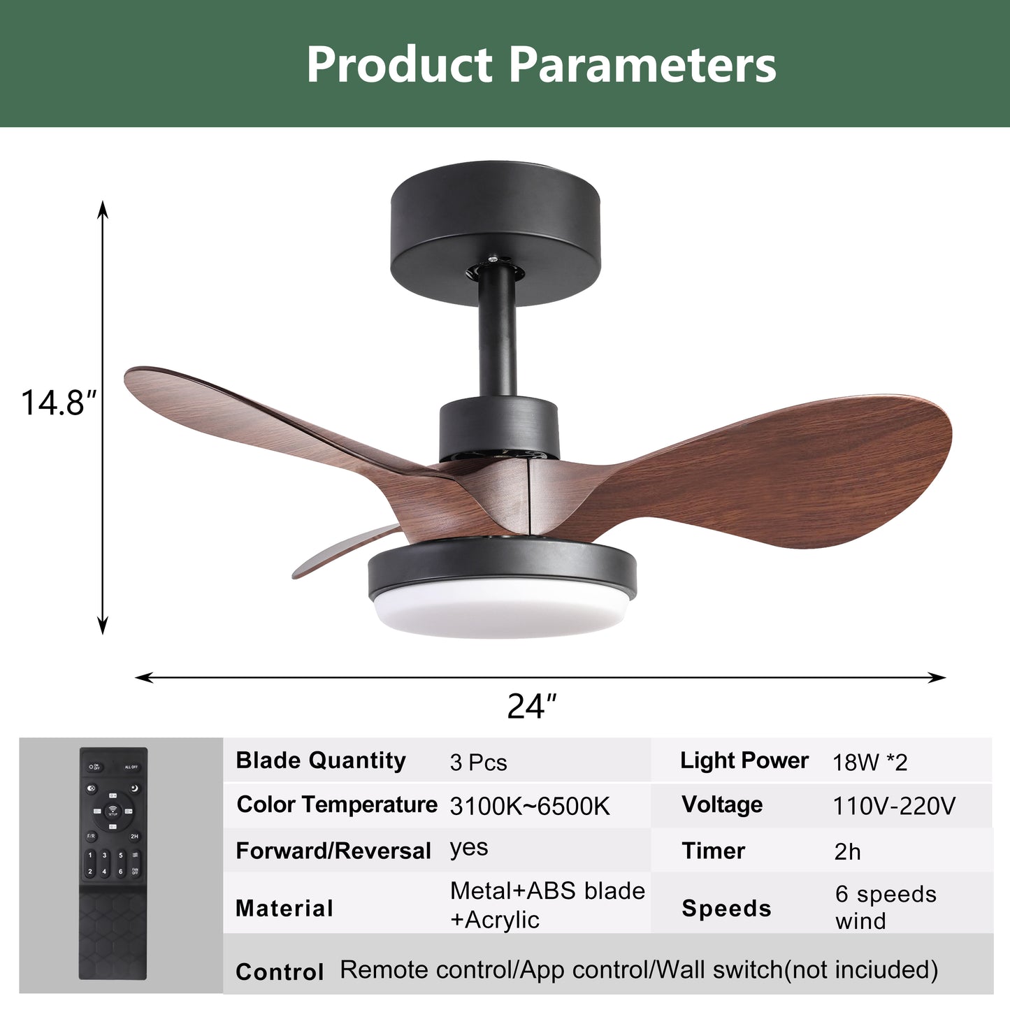 24" Black small  Ceiling Fan with Light remote control ,Modern Low Profile Ceiling Fan, 6-Speeds Quiet Reversible DC motor for Bedroom,Kitchen