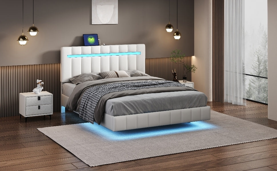 Queen Size Floating Bed Frame with LED Lights and USB Charging,Modern Upholstered Platform LED Bed Frame, White