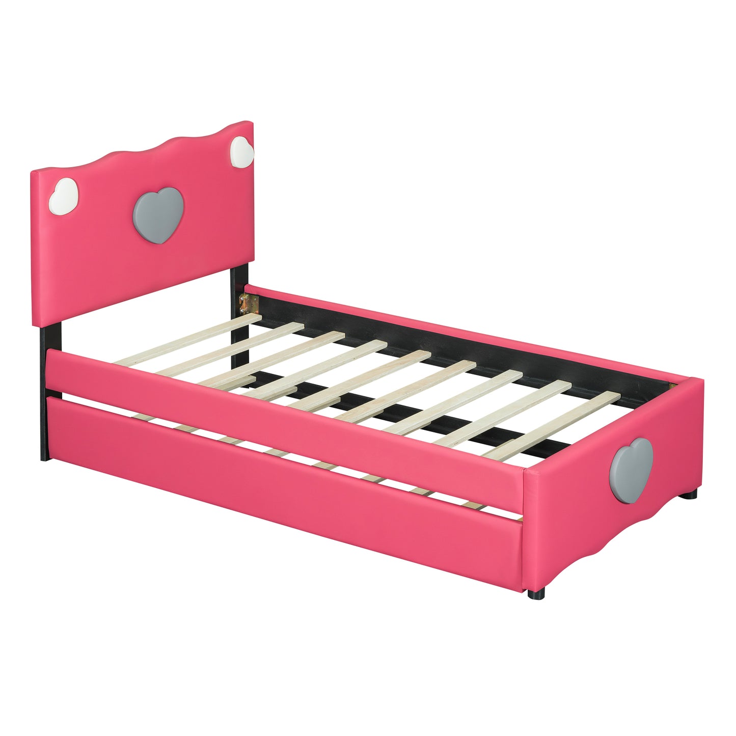 Twin Size Upholstered Platform Bed with Trundle and Heart Shaped Decoration, Dark Pink