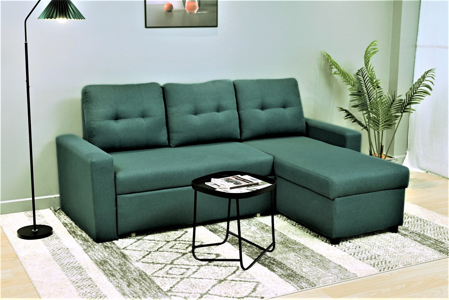 Container Furniture Direct Convertible L-Shaped Sectional Sleeper Sofa Bed, Stylish Apartment Furniture, Saving Pull Out Couch for Small Spaces and Living Rooms, Bluenish Green