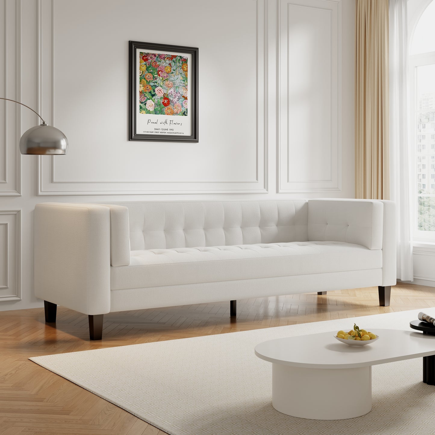 3-Seater Sofa, Upholstered Tufted Coach, Velvet Sofa, Ivory White