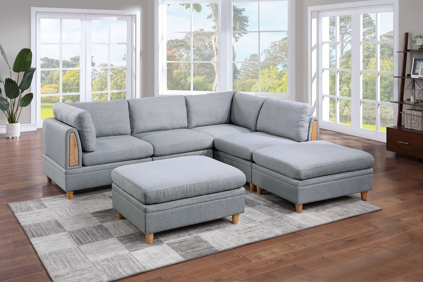 Living Room Furniture 6pc Modular Sofa Set Light Grey Dorris Fabric Couch 2x Corner Wedges 2x Armless Chair And 2x Ottomans