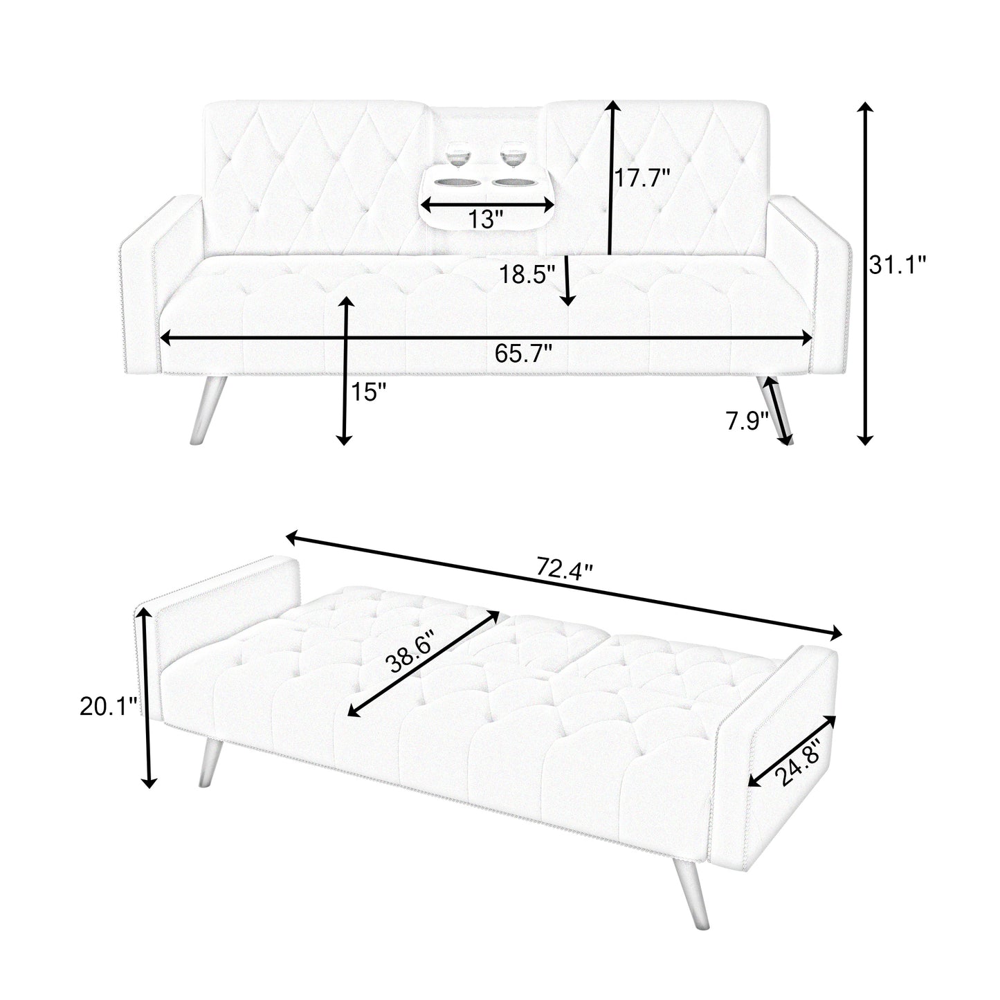 Compact Yellow Velvet Sofa Bed with Nailhead Trim Armrests & Dual Cup Holders - Perfect for Small Spaces, 72-Inch Length