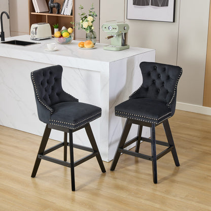 Swivel Velvet Barstools with Button Tufted Decoration and Wooden Legs, and Chrome Nailhead Trim, Leisure Style Bar Chairs,Bar stools, Set of 2 (Black),SW1860BK